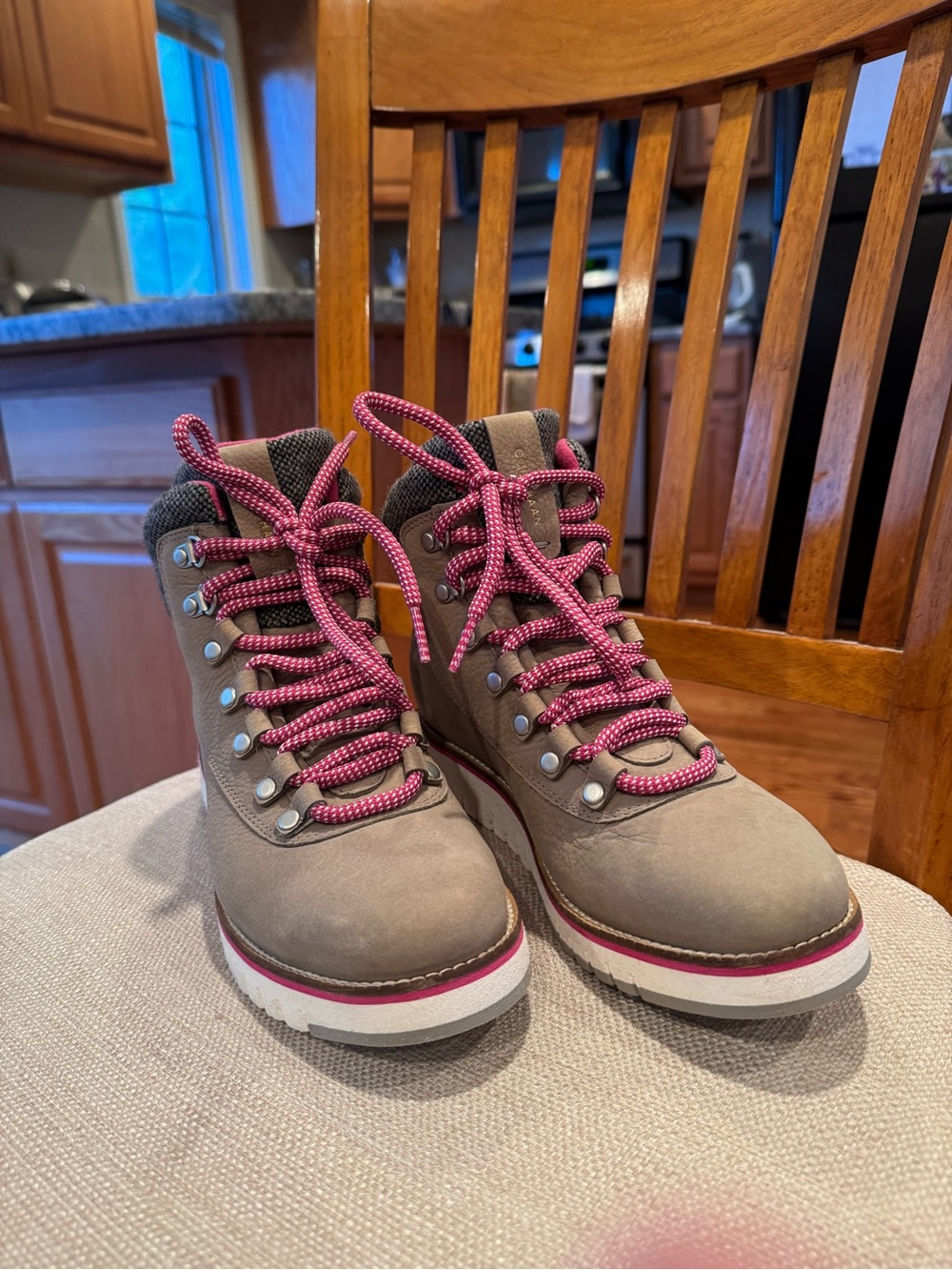 Cole Haan Taupe Lace-Up Boots with Pink Laces
